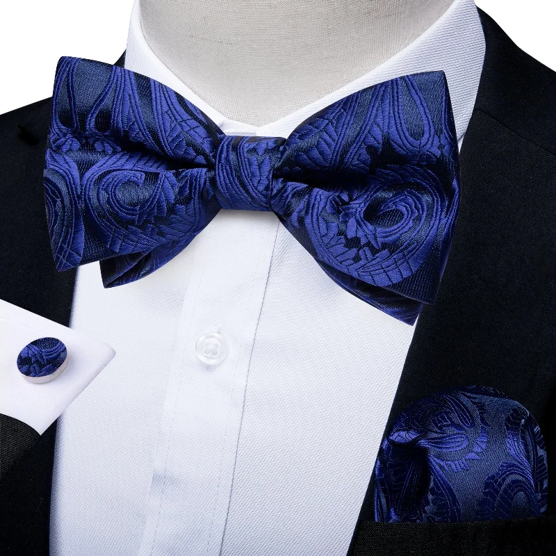 Blue Floral Silk Pre-tied Bow Tie Hanky Cufflinks Set