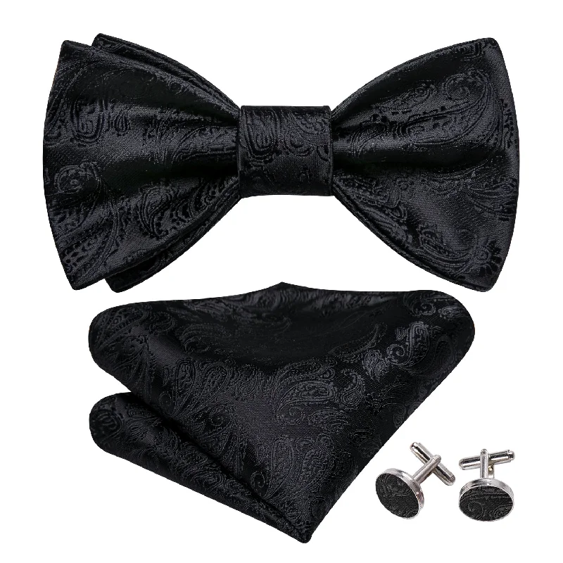 Luxury Black Paisley Bow Tie Hanky Cufflinks Set