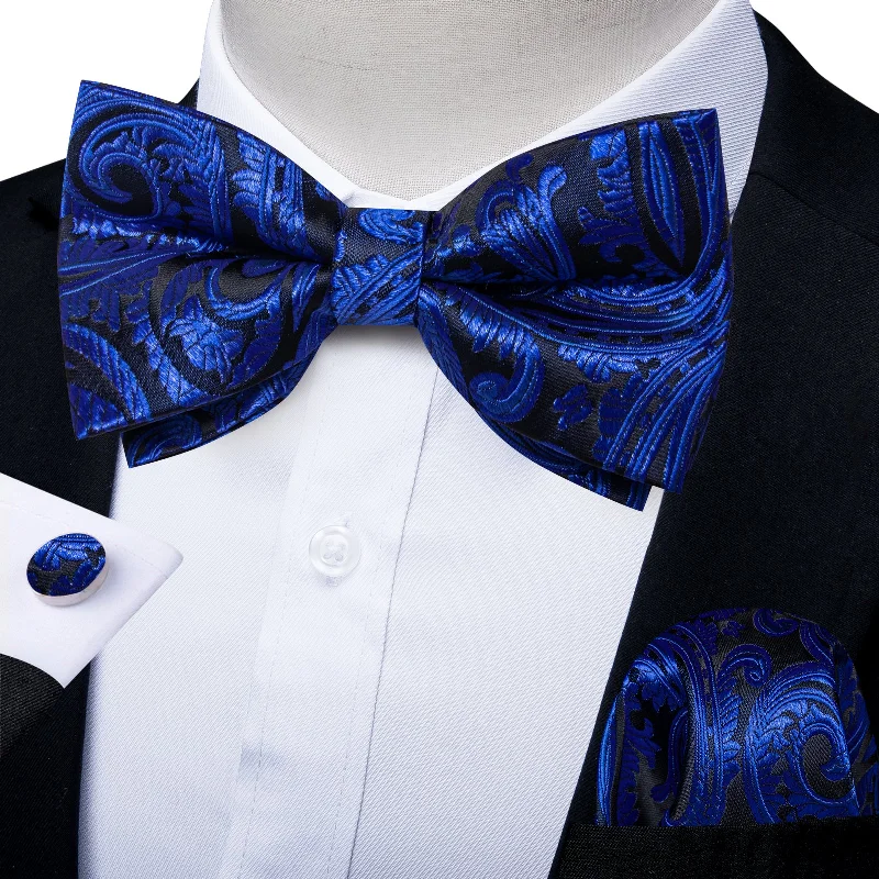 MidnightBlue Black Paisley Men Pre-tied Bowtie Pocket Square Cufflinks Set