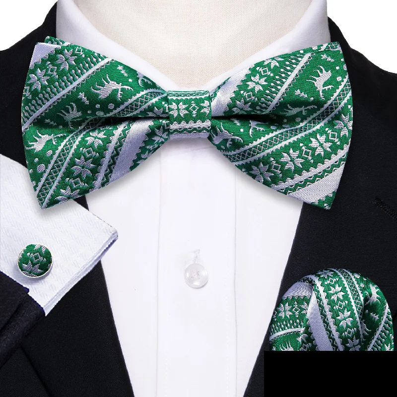 Green White Striped Men's Pre-tied Christmas Bowtie Hanky Cufflinks Set