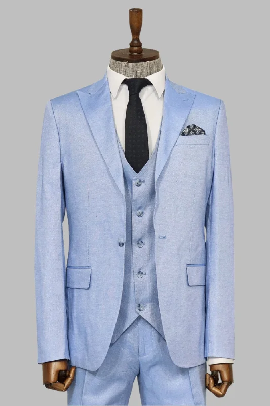 3 -Piece Single Button Peak Lapel Ice Blue Men Suit - Wessi