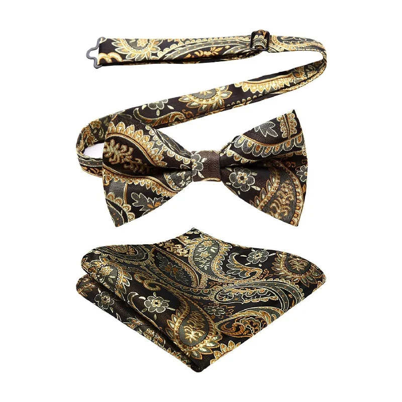 Paisley Pre-Tied Bow Tie & Pocket Square - C-BROWN2