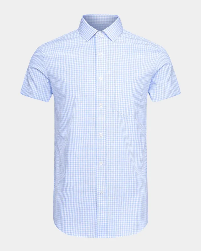 Phenom Classic Light Blue Gingham Short Sleeve Dress Shirt