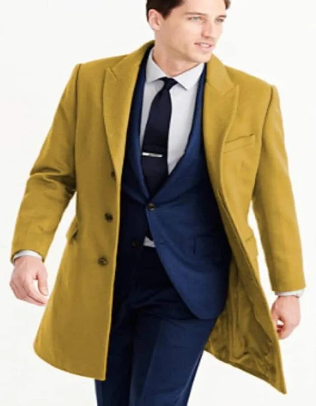 Mens Wool Carcoat - Sand Three Quarter Peak Lapel Topcoat