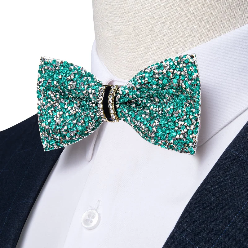 Ties2you Imitated Crystal Bowtie Teal Silver Rhinestones Men's Pre Tied Bow Ties For Wedding Party