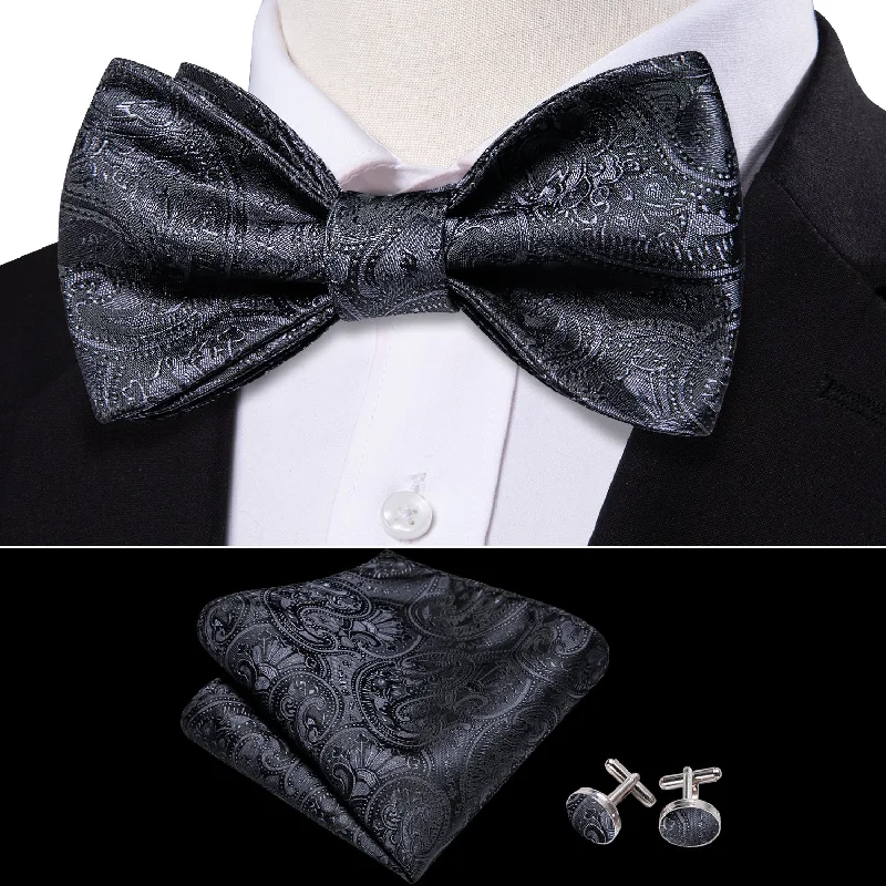 Classic Black Paisley Self-tied Silk Bow Tie Pocket Square Cufflinks Set