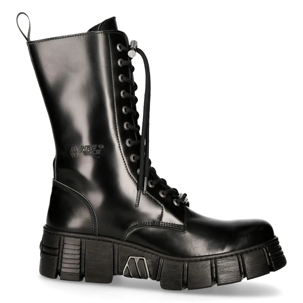 New Rock M-WALL027N-C2 Boots Black Leather Wall Rock Biker Mid-Calf Tower Boots