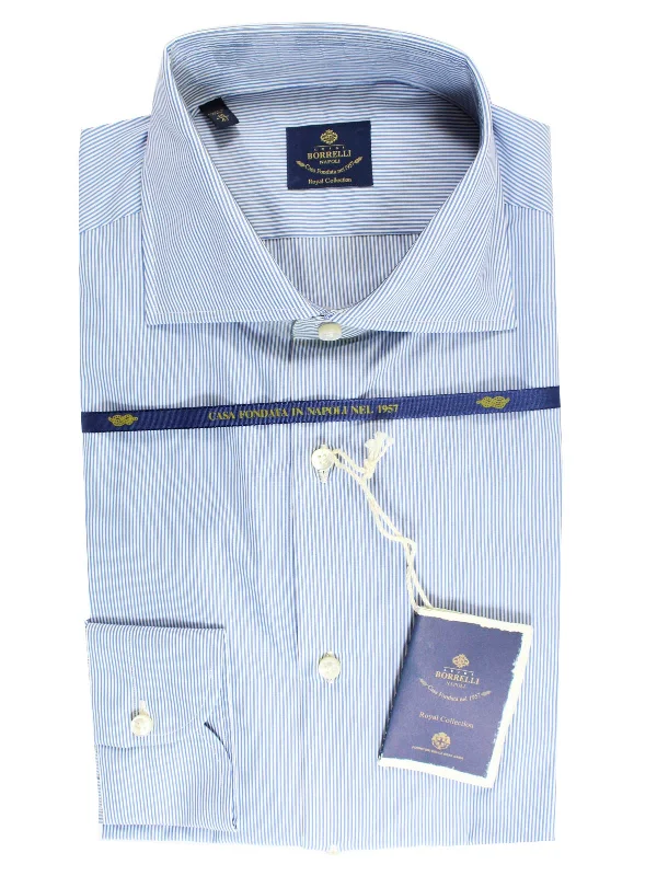 Luigi Borrelli Dress Shirt ROYAL COLLECTION Classic White Navy Stripes 43 - 17 SALE