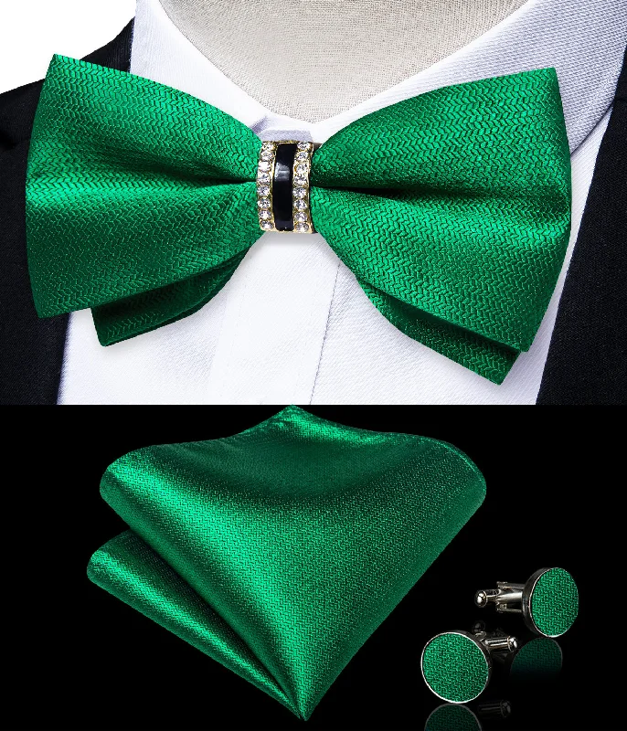 Green Solid Herringbone Woven Pre-tied Ring Bow Tie Hanky Cufflinks Set