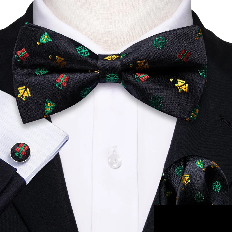 Black Novelty Men's Pre-tied Christmas Bowtie Hanky Cufflinks Set