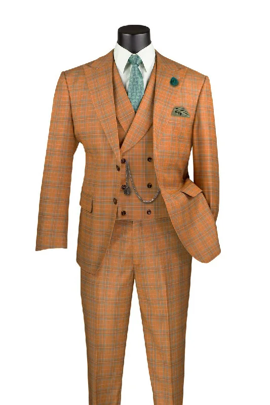 Orange Modern Fit Windowpane Peak Lapel 3 Piece Suit