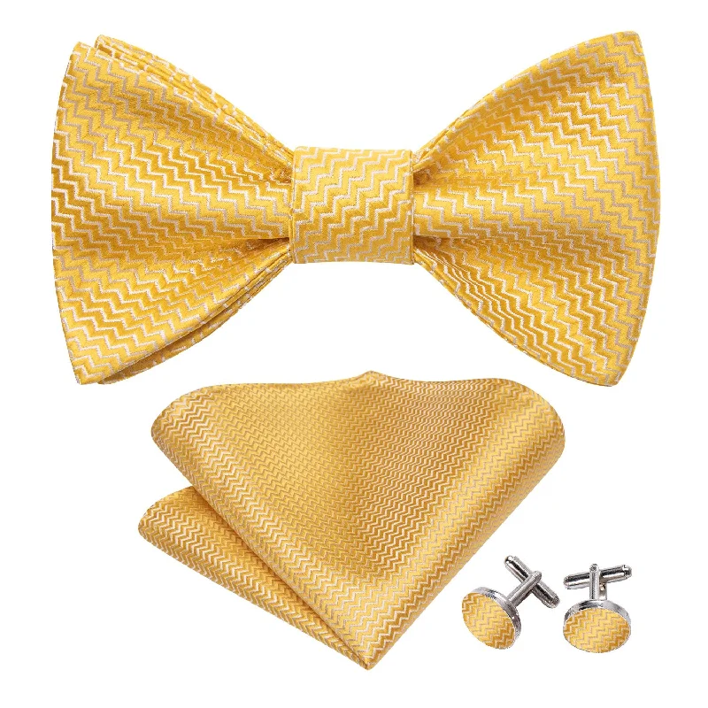 Barry Wang Yellow Geometric Silk Bow Tie Hanky Cufflinks Set