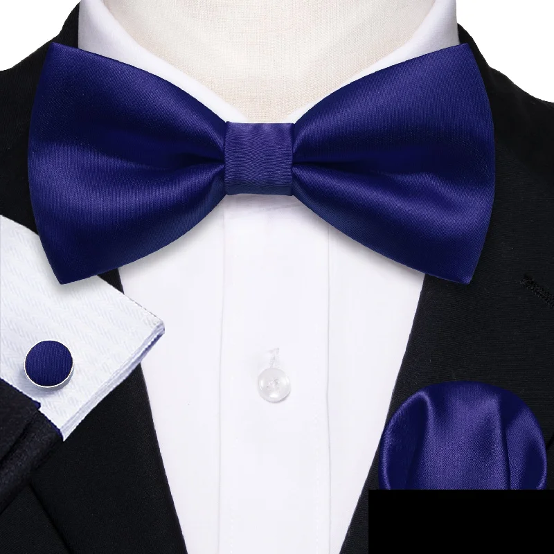 Navy Blue Solid Men Pre-tied Bowtie Pocket Square Cufflinks Set