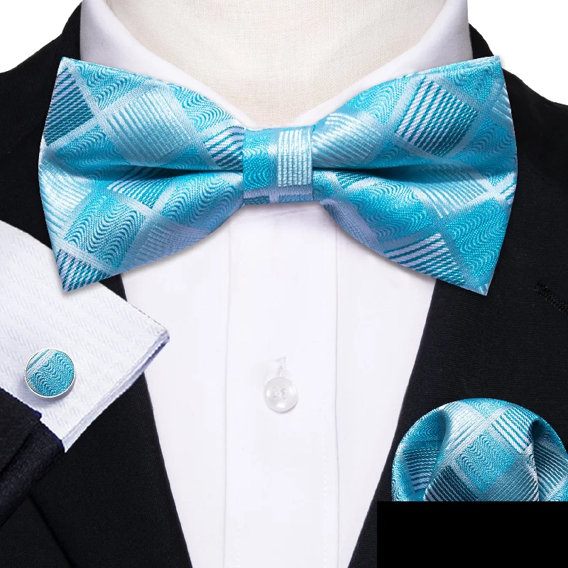 Sky Blue Plaid Men's Pre-tied Bowtie Hanky Cufflinks Set