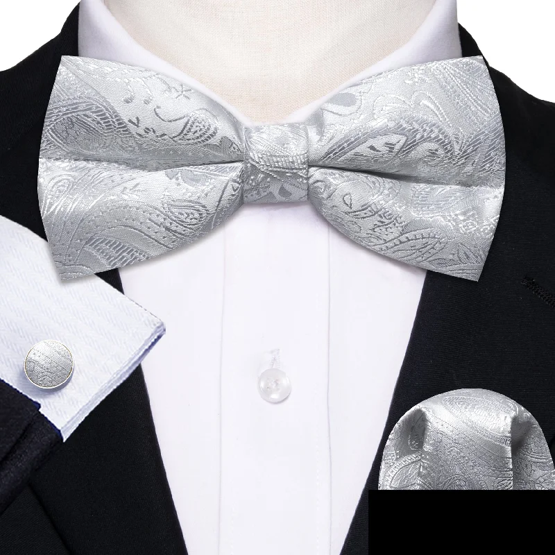 Silver White Paisley Men's Pre-tied Bowtie Hanky Cufflinks Set