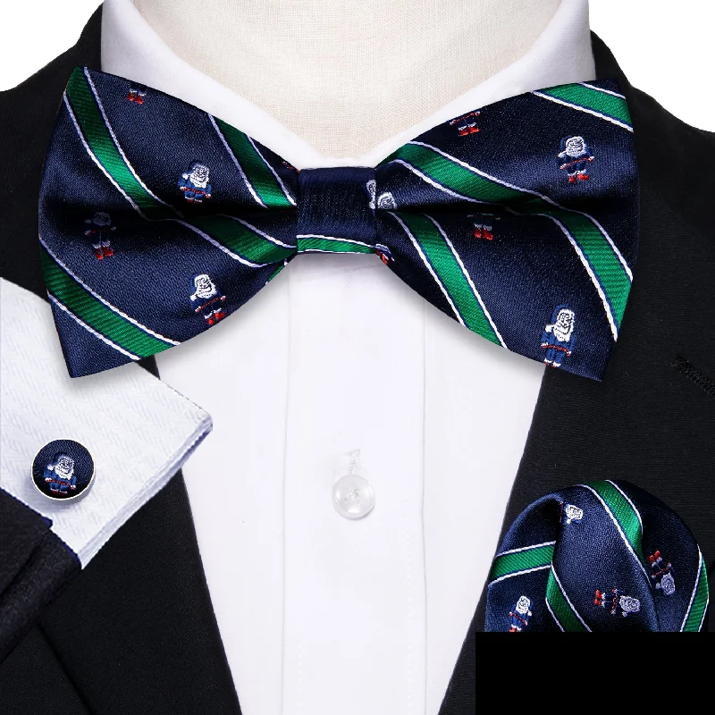 Blue Green Striped Men's Pre-tied Christmas Bowtie Hanky Cufflinks Set