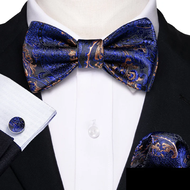 Royal Blue Paisley Self-tied Bow Tie Pocket Square Cufflinks Set