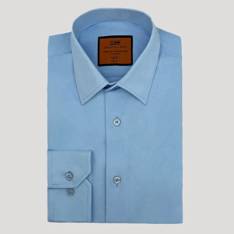 4 Way Stretch Travel Dress Shirt | Barrel Cuff | Point Collar | Slim Fit | Blue