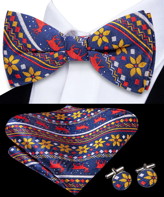 Christmas OceanBlue Red Deer Pre-tied Bowtie Pocket Square Cufflinks Set