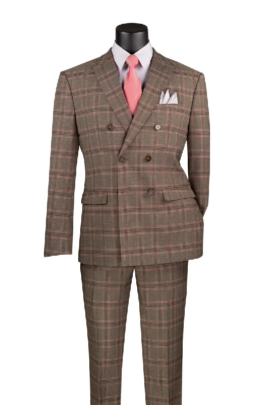 Brown Modern Fit Double Breasted Glen Plaid Peak Lapel 2 Piece Suit