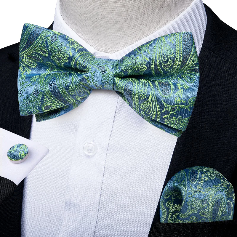 Sky Blue Green Paisley Men's Pre-tied Bowtie Pocket Square Cufflinks Set