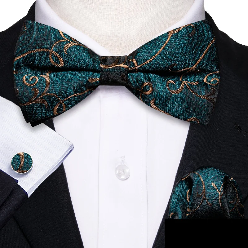 Green Floral Pre-tied Silk Bow Tie Pocket Square Cufflinks Set