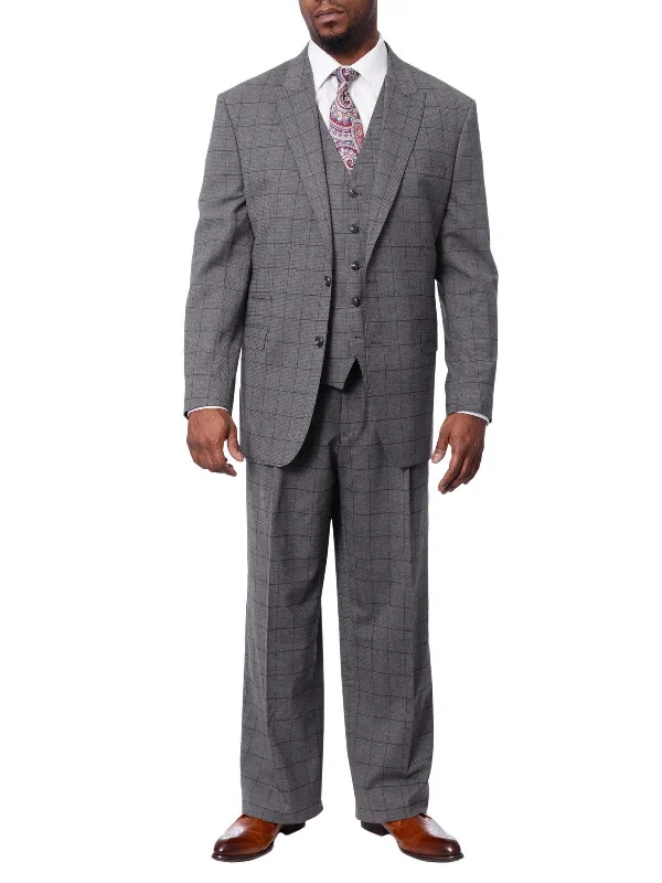 Extrema Mens Big & Tall Gray Check Wool Blend 3 Piece Vested Regular Fit Suit