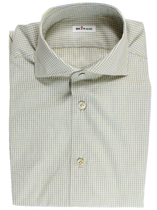 Kiton Dress Shirt White Lime Navy Check Spread Collar 38 - 15 REDUCED - SALE