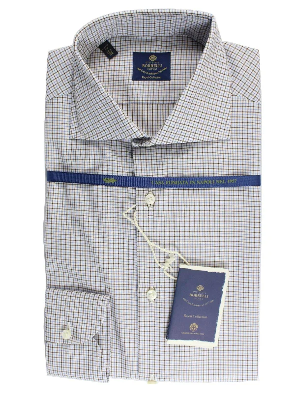 Borrelli Dress Shirt ROYAL COLLECTION White Blue Brown Check 40 - 15 3/4 FINAL SALE