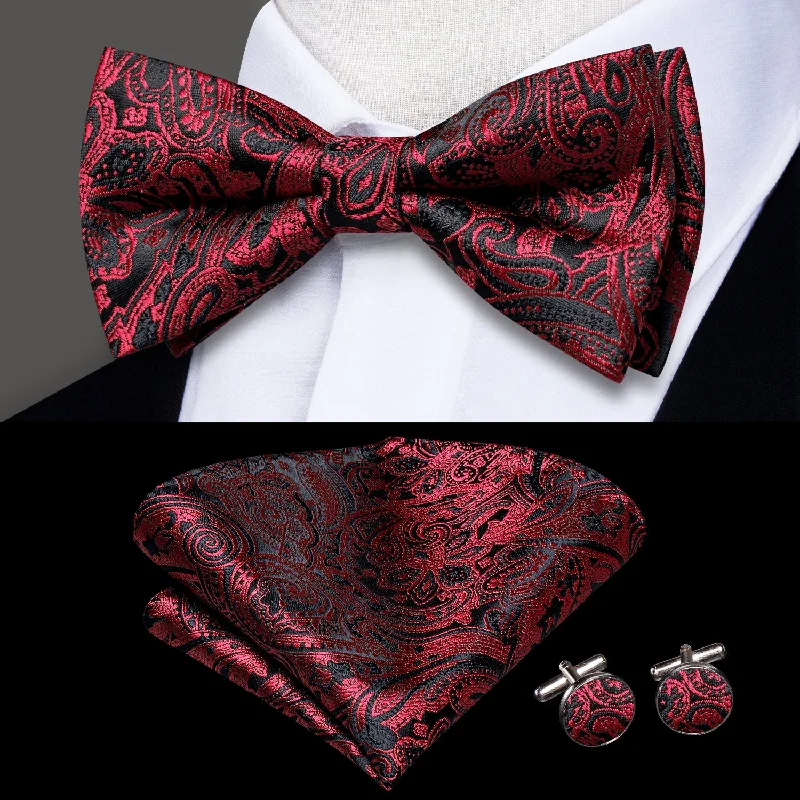 Black Red Paisley Pre-tied Bow Tie Pocket Square Cufflinks Set