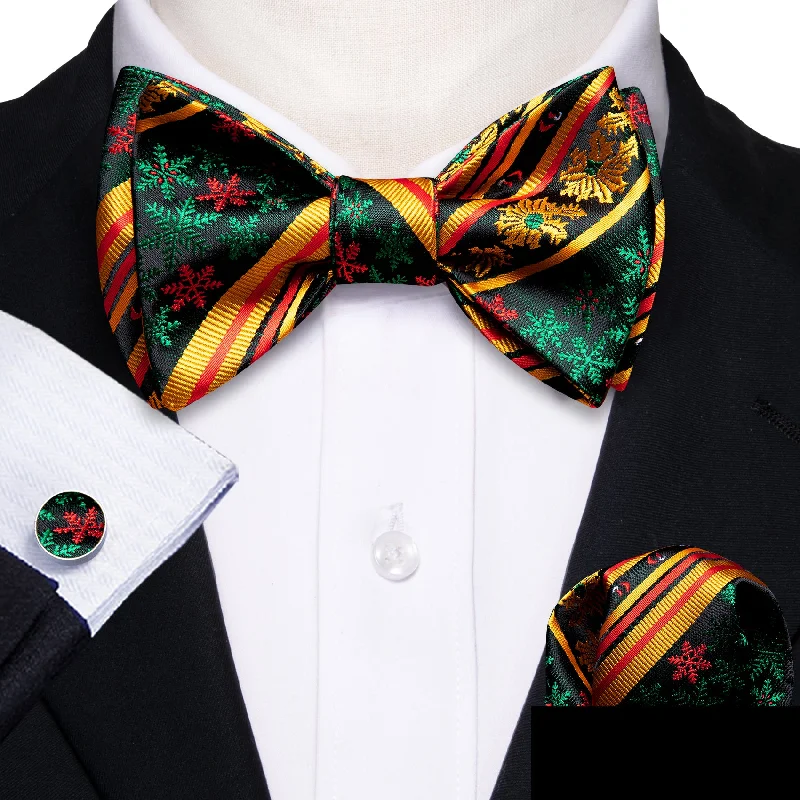 Gold Green Christmas Novelty Men's Self-tied Bowtie Hanky Cufflinks Set