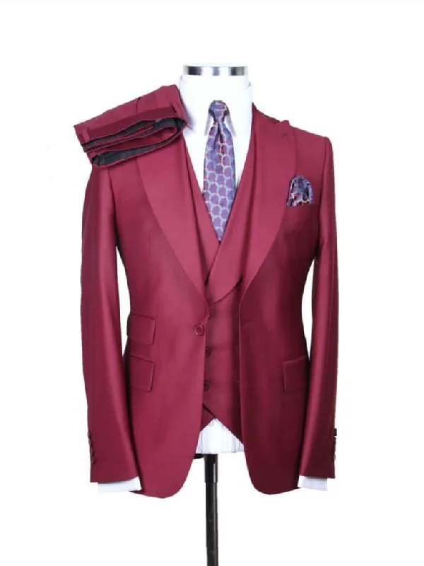 Alberto Nardoni BIg & Tall Solid Burgundy 100% Wool 1 Button 3 Piece Regular Fit Suit