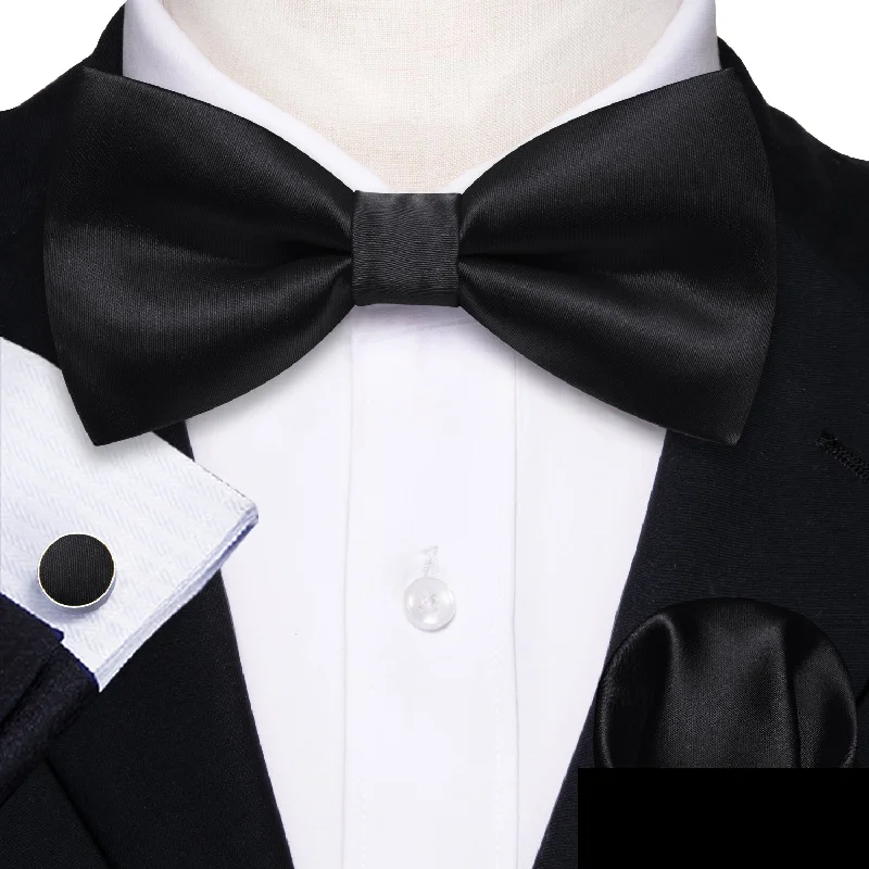 Black Solid Men Pre-tied Bowtie Pocket Square Cufflinks Set