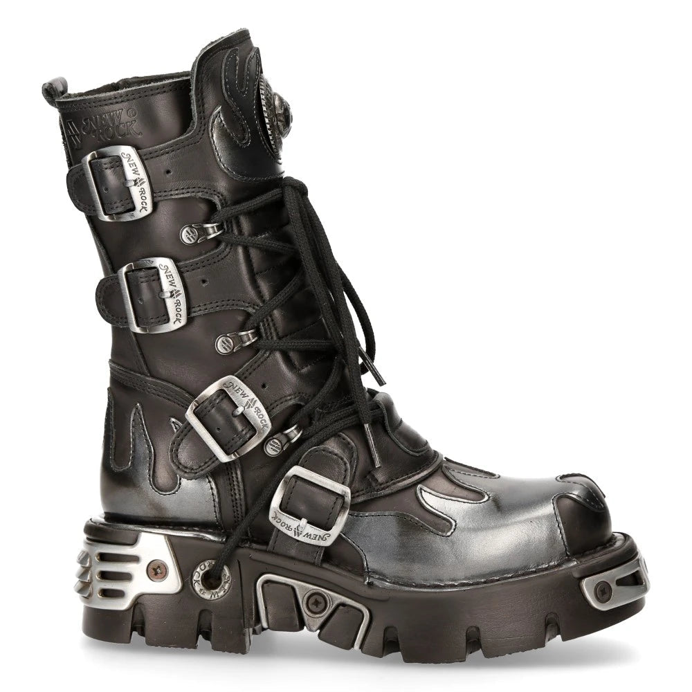 M591-S2 Newrock New Rock  Silver Flame Metal Black Leather Emo Punk Goth Boots