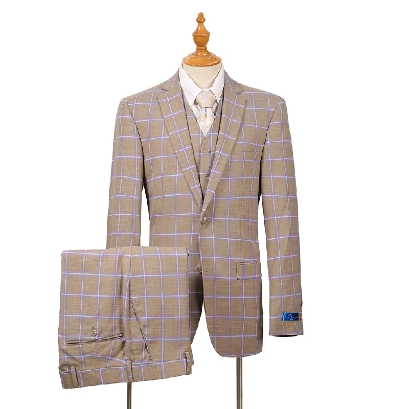 Pino Baldini Vested Tan Plaid Slim Fit Suits