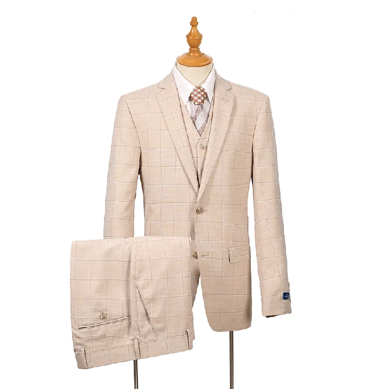 Pino Baldini Vested Tan Plaid Slim Fit Suits