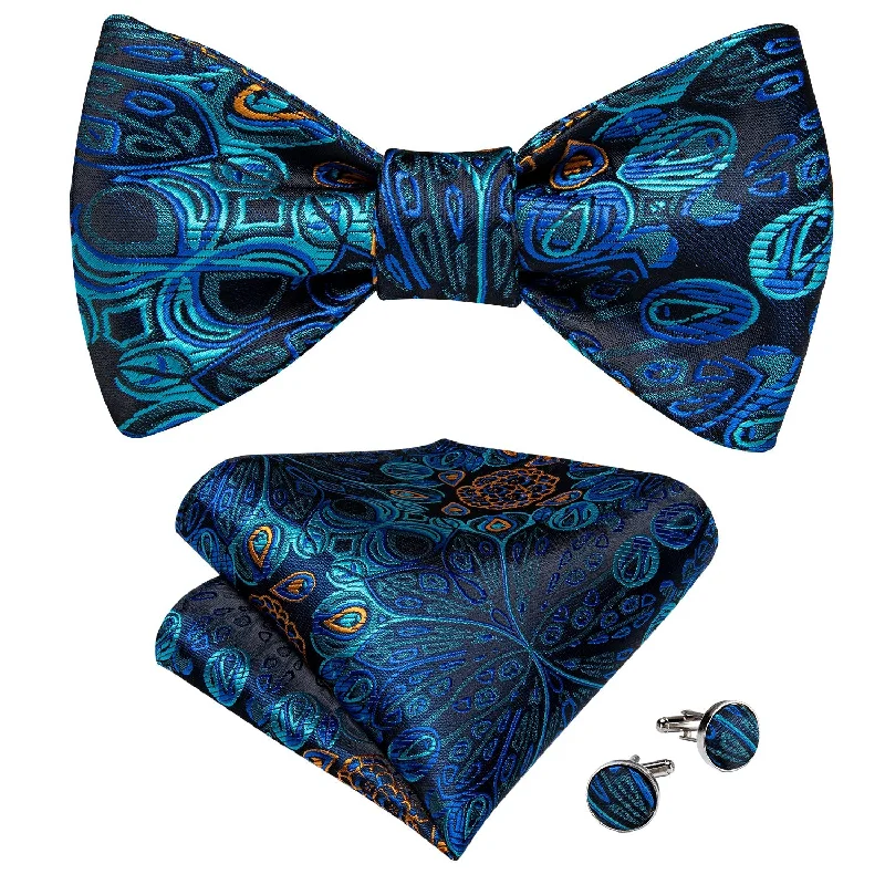 Deep Blue Silk Paisley Self-tied Bow Tie Pocket Square Cufflinks Set