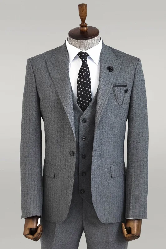 Striped Vested Grey Men's Suit    - Wessi