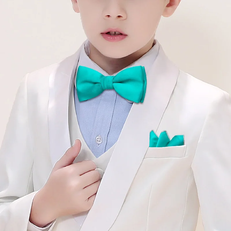 Barry Wang Boys Tie Aqua Solid Silk Bow Tie Pocket Square Set For Kids