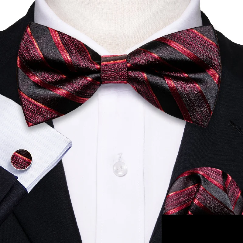 Black Red Striped Men's Pre-tied Bowtie Pocket Square Cufflinks Set