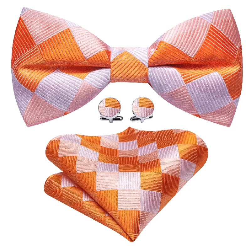 Orange White Plaid Silk Pre Tied Bow Tie Hanky Cufflinks Set