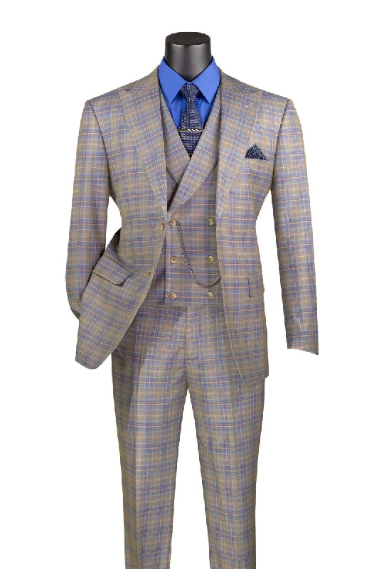 Blue Modern Fit Windowpane Peak Lapel 3 Piece Suit