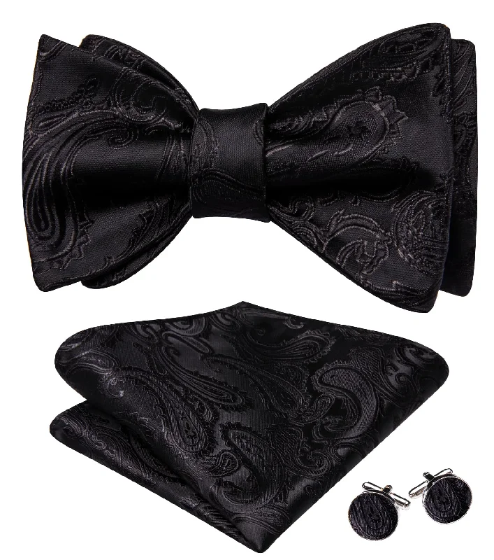 Barry Wang Black TIe Mens Paisley Jacquard Bow Tie Hanky Cufflinks Set