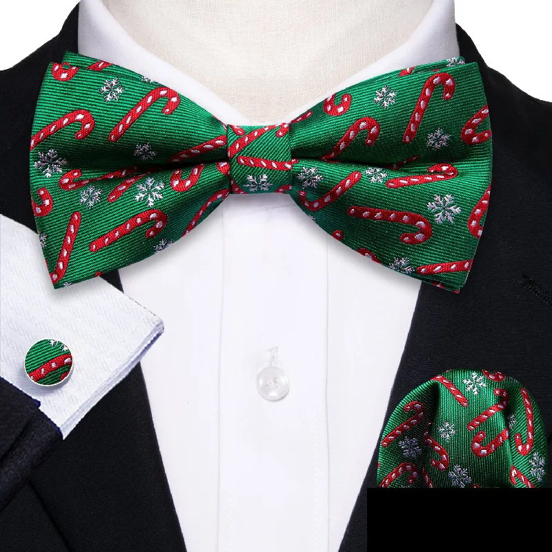 Green Red Christmas Cane Men's Pre-tied Bowtie Hanky Cufflinks Set