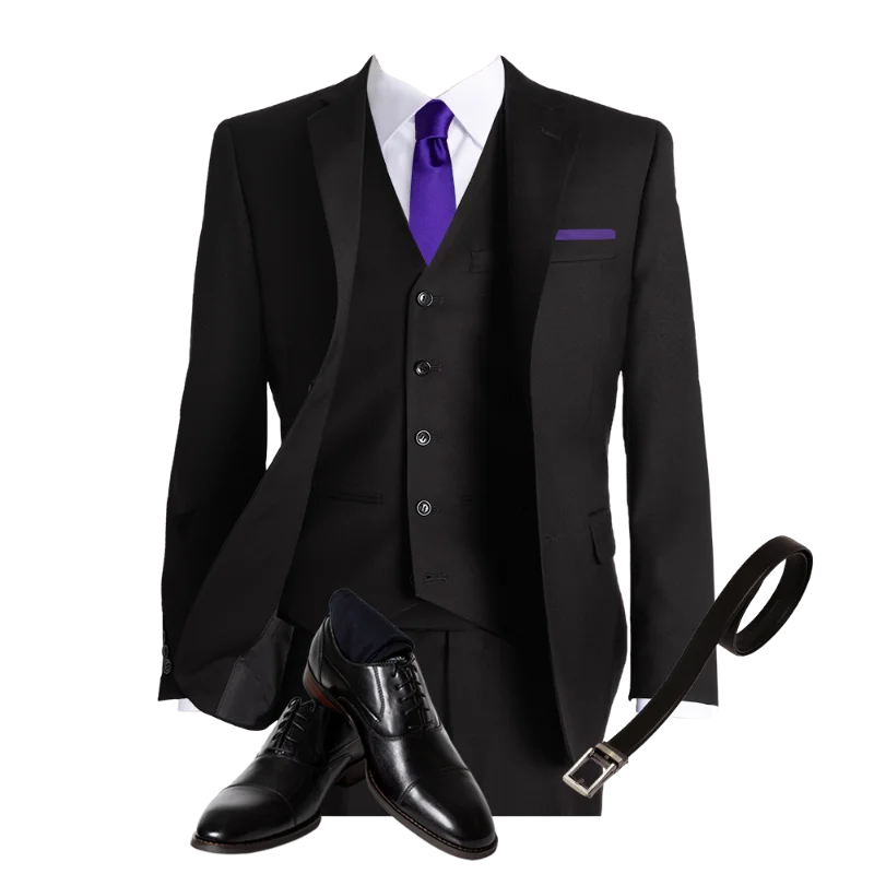 Black suit, purple tie, suede shoes