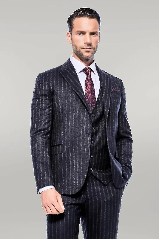 Navy Blue Striped Men's Vested Slim-Fit Suit - Wessi