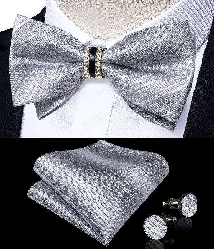 Silver Striped Classic Silk Pre-tied Ring Bow Tie Hanky Cufflinks Set