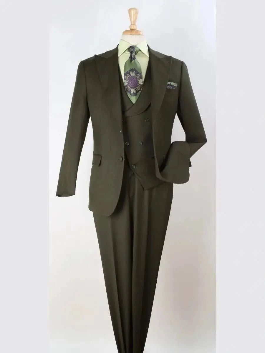 Apollo King Mens Big & Tall Olive Green Regular Fit 100% Wool 3 Piece Suit With Peak Lapels