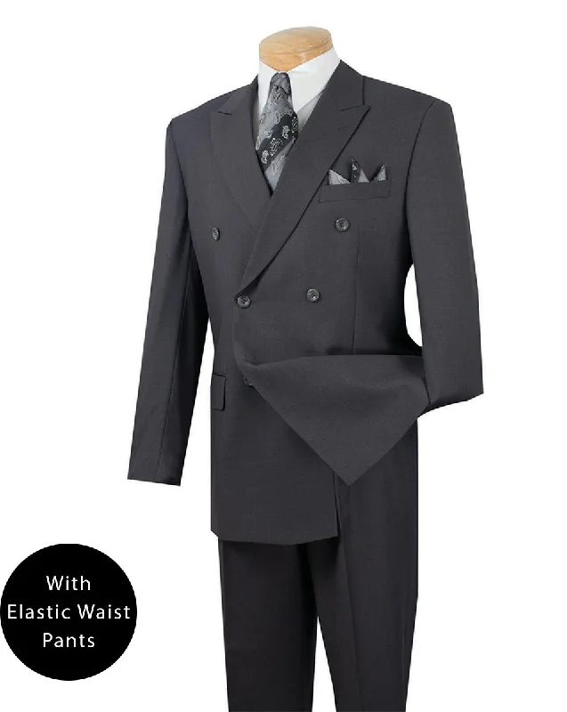 Ramses Collection - Dark Heather Gray Regular Fit Double Breasted 2 Piece Suit with Flexible Elastic Waistband