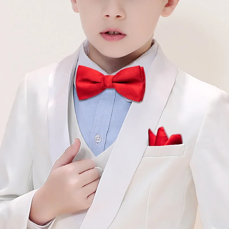 Barry.Wang Kids Tie Red Solid Children's Silk Bow Tie Pocket Square Set